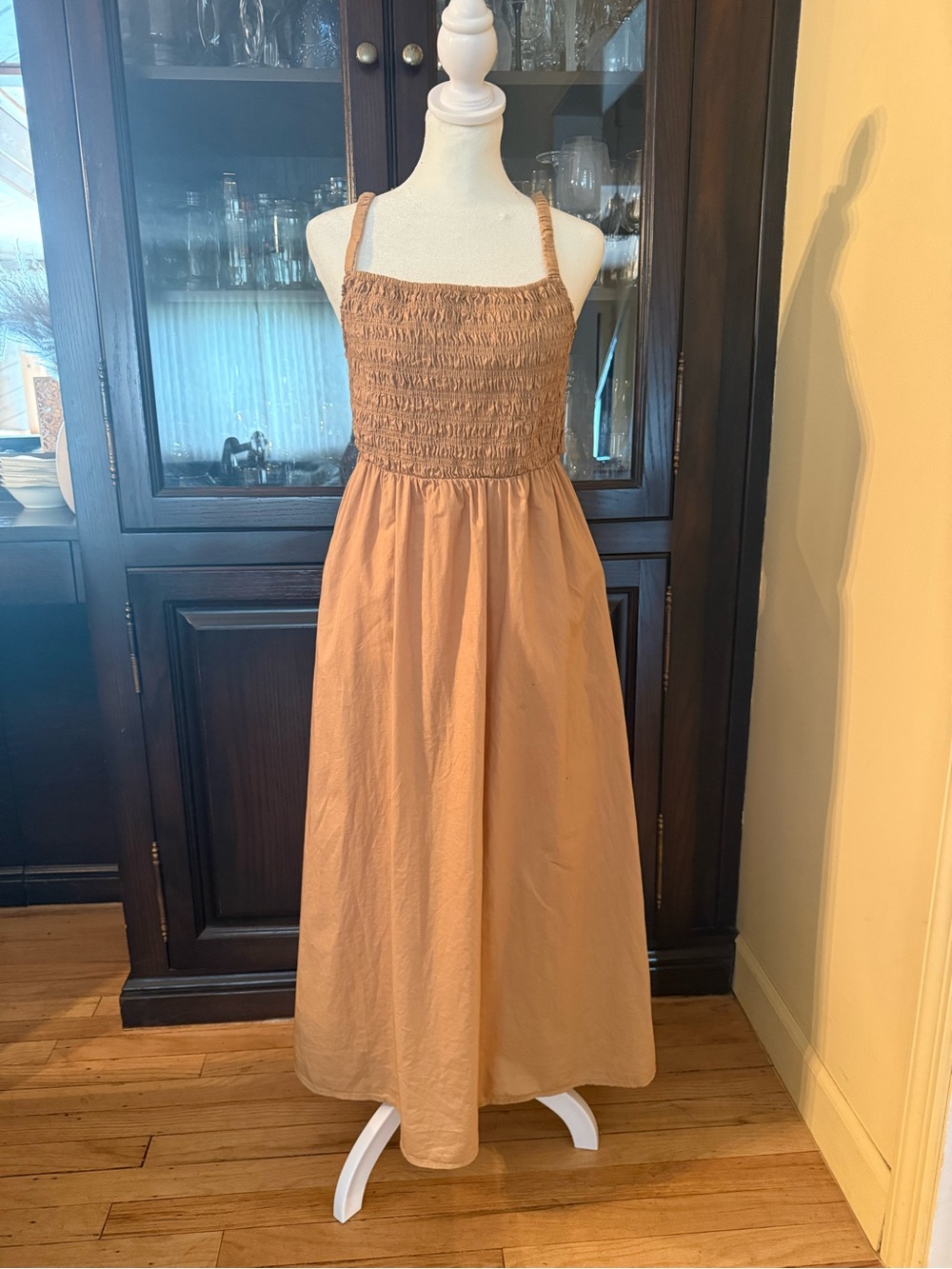 Old Navy Cotton Tan Smocked Midi Dress Size M with Cut Out Back